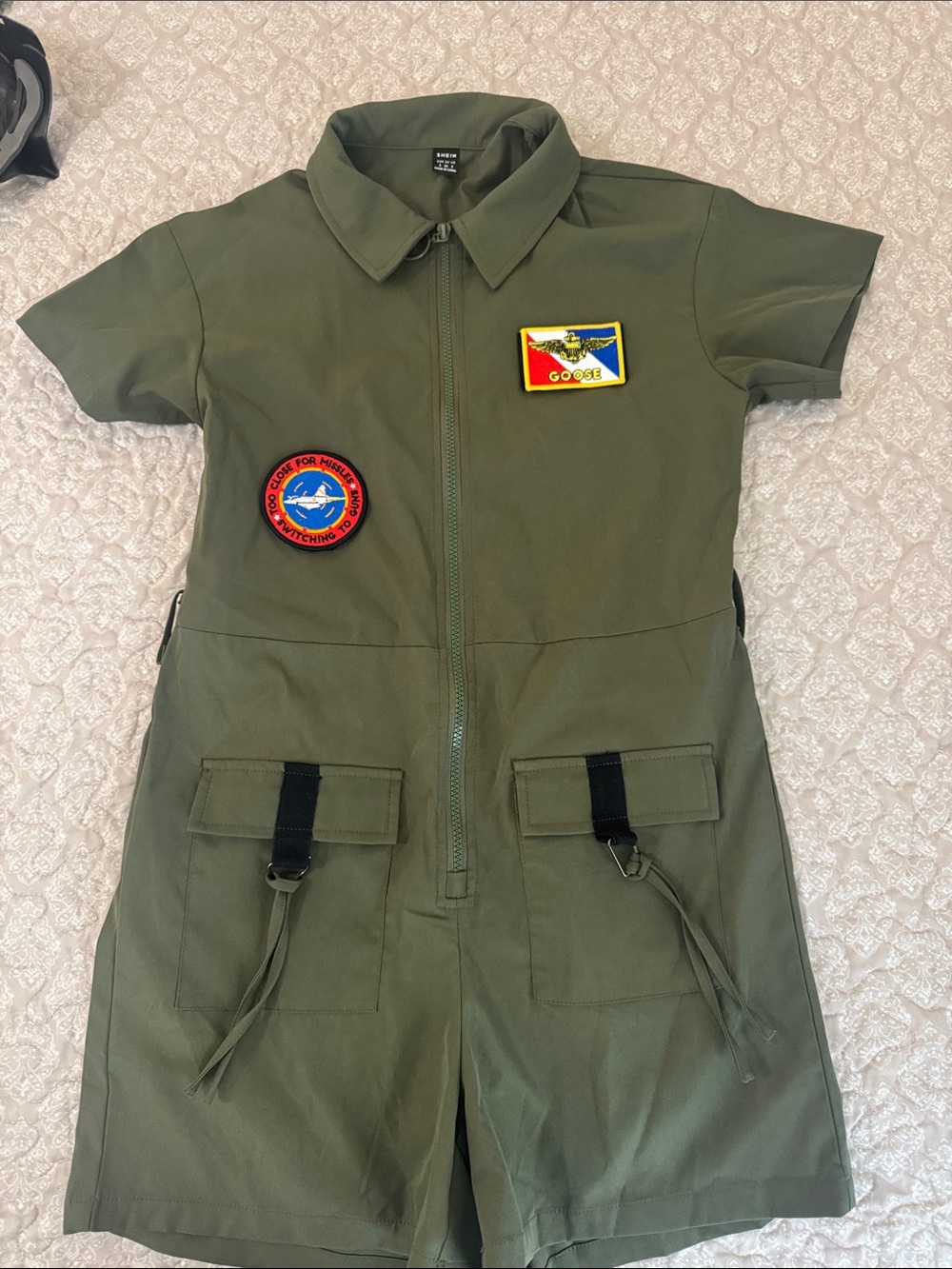 Halloween costume olive Green Utility Romper with Patch Details